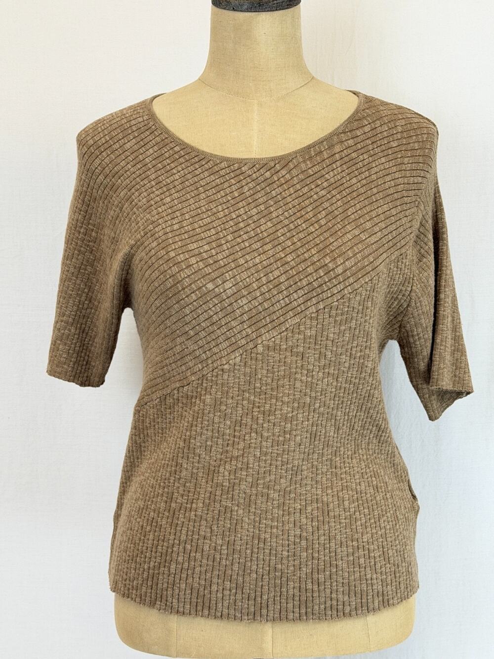 NWT Dear John Brown Tan Marled Ribbed Diagonal Stitch Short Sleeve Top Size S